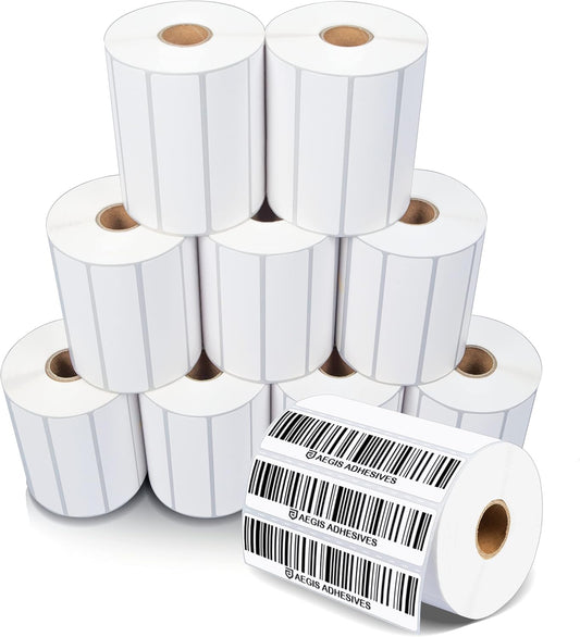 Aegis Adhesives - 4” X 1” Direct Thermal Labels for Barcodes, Address, Perforated & Compatible with Rollo, Zebra, & Other Desktop Label Printers (10 Rolls, 1300/Roll)