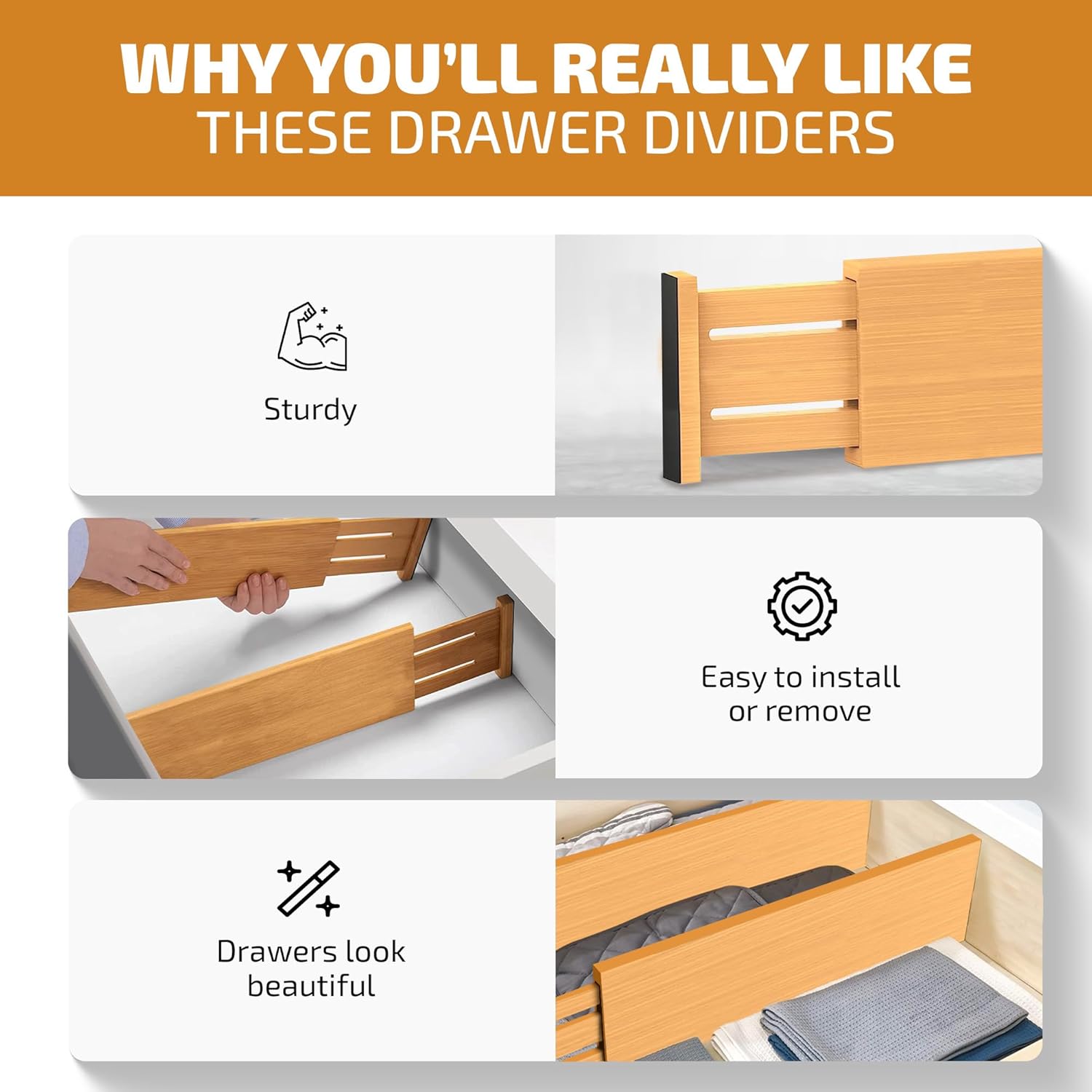 Large Kitchen Drawer Organizer - Expandable Bamboo Drawer Dividers (17" - 21.5") - Adjustable Separators for Kitchen, Clothes, Dresser, Bedroom, Bathroom, and Desk Drawers - 6 Pack - Thumbnail 4