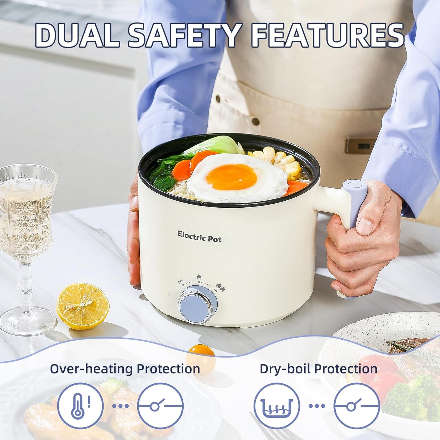 Electric Hot Pot:1.5 L Ramen Cooker, Dual Power Mini Portable Multi-Functional Lazy Pot for Pasta, Noodles, Egg, Soup, Non-Stick Noodle Cooker with Boil Dry Protection for Dorm, Office (Beige)