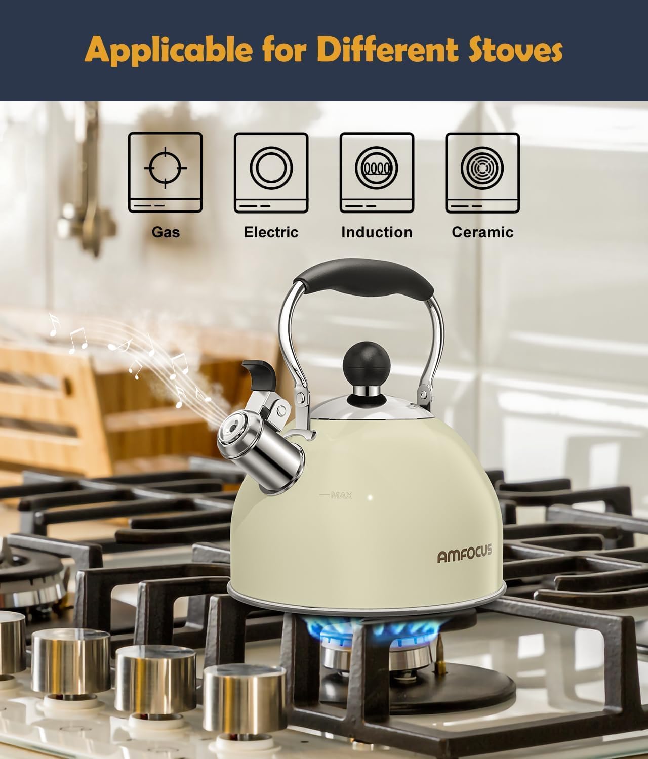 Tea Kettle, 2 Quart Stainless Steel Whistling Tea Kettle, Stovetop Whistling Teakettle Tea Pots for Stove Top with Ergonomic Folding Handle, Small Teapot, Water boiler for Tea, Coffee (White)