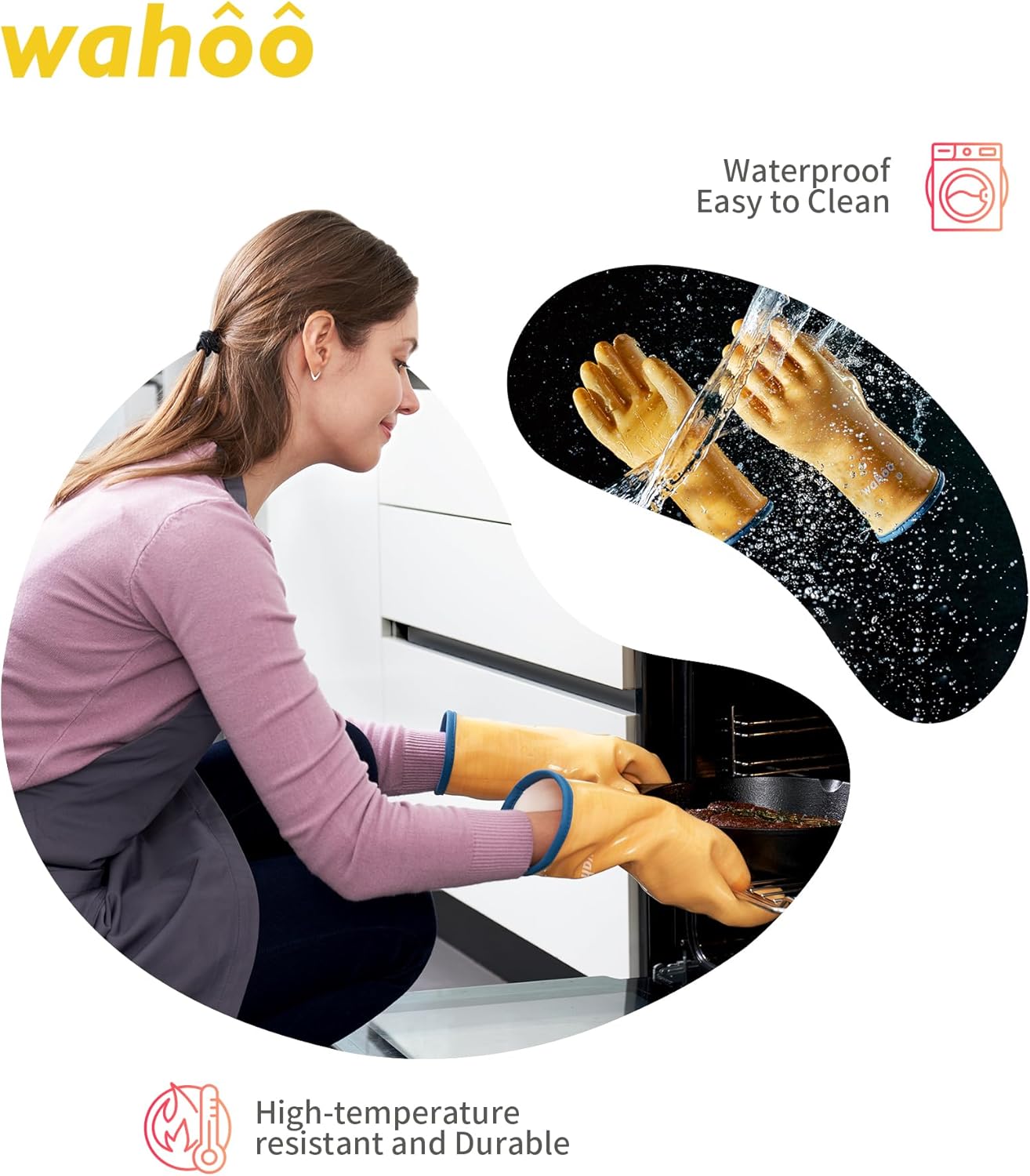 wahoo Professional Liquid Silicone Oven Mitts Gloves, Heat Resistant Gloves for Cooking, Baking, CoralAir Liner, 12 Inch, Yellow, Large