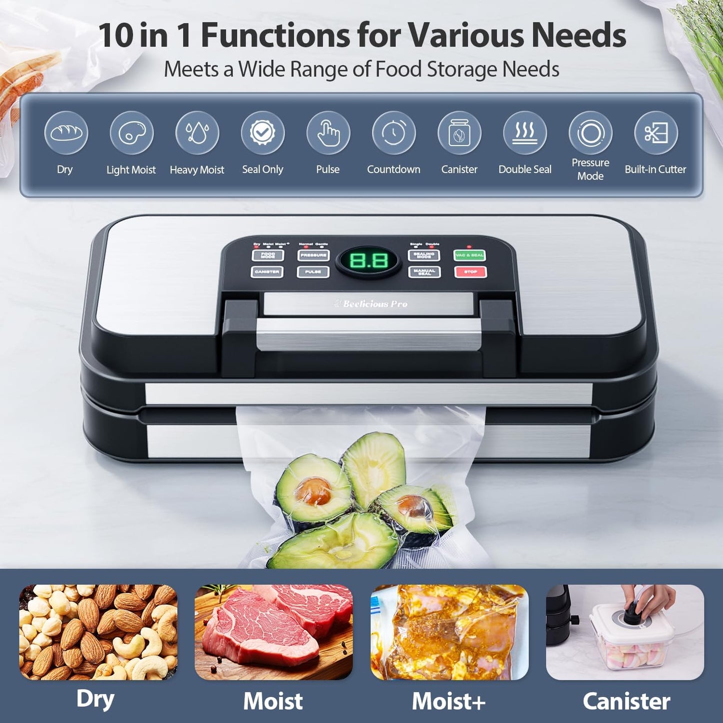 95Kpa Powerful Precision Pro Vacuum Sealer with 10-in-1 Functions, Easy-Lock Handle, Double Heat Seal & Double Pump, Vacuum Sealer Machine for Food with Bags Storage, Built-in Cutter, Green