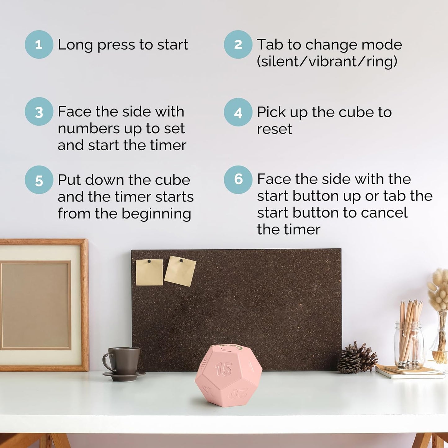 KADAMS Pomodoro Cube Timer Productivity-11 Preset Countdowns, Flip-to-Start Gravity Activation - Sound Vibrate Mute Rechargeable - Ideal for ADHD Kid Kitchen Classroom Cook Study Exercise - Pink
