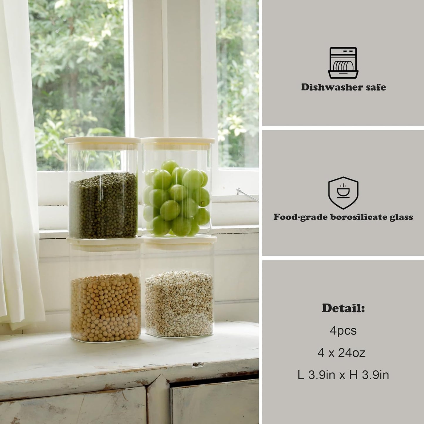 12pcs Square Glass Pantry Storage Containers with See Through Lids Kitchen Jars Sets for Cereal, Chips Refrigerator Safe, Professional Glass Canisters, Patent Approved (12PCS/MIX)