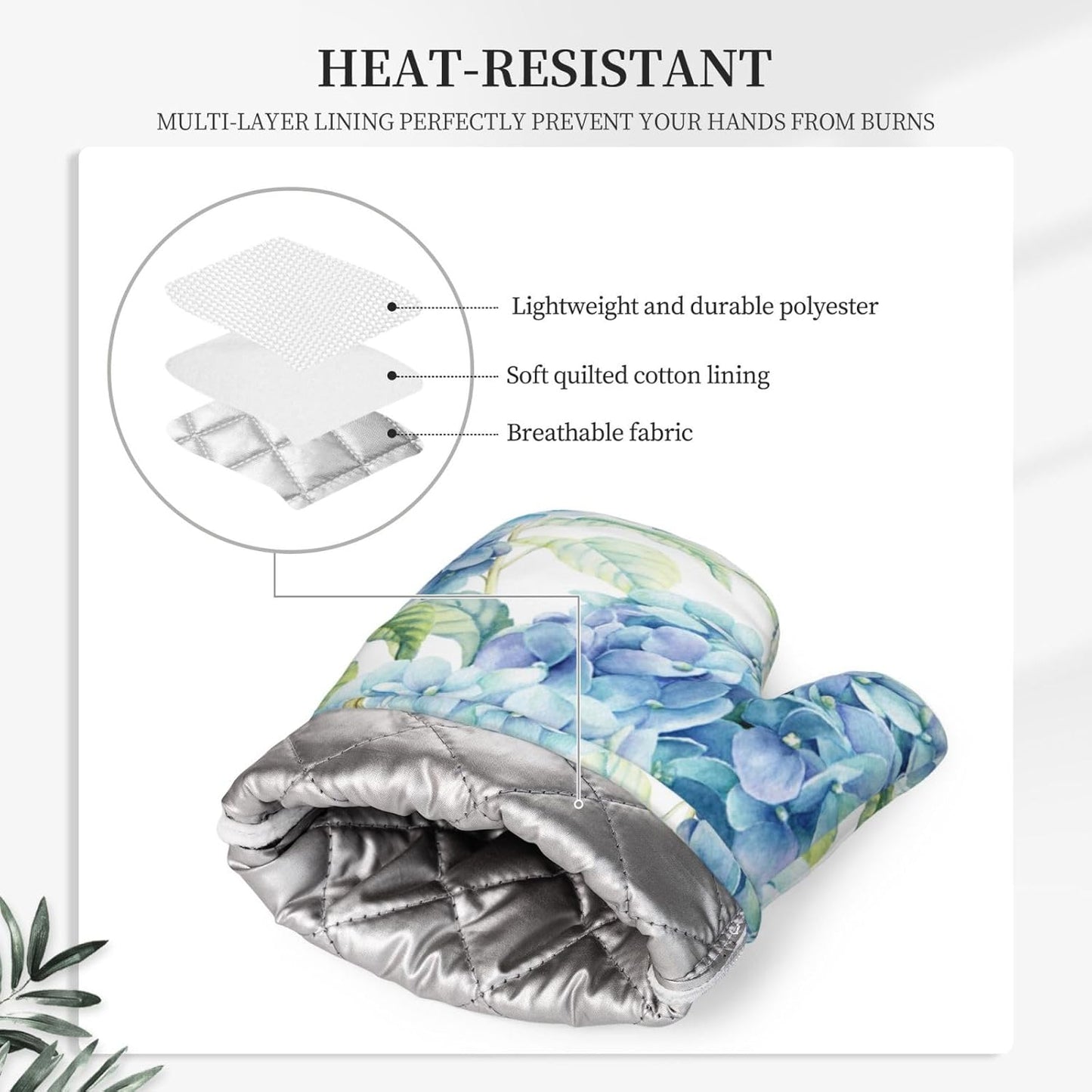 Blue Hydrangea Flowers Watercolor Oven Mitts Pot Holders Set Silicone Kitchen Oven Mitts Heat Resistant Potholders Non-Slip 4pcs Hot Pads and Oven Gloves Sets for Baking,Cooking,BBQ,Grilling