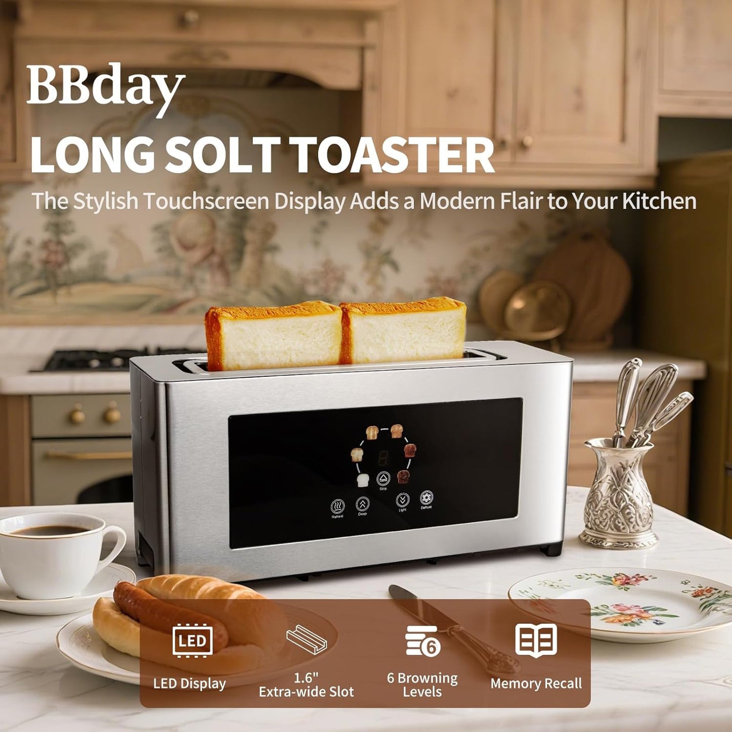 Touch Screen Toaster with LCD Display, Slim Toaster 2 Slice - Long 10" Slot for Baguettes & Extra Wide 1.6" Slot, 6 Browning Levels, 1200W, Space Saving
