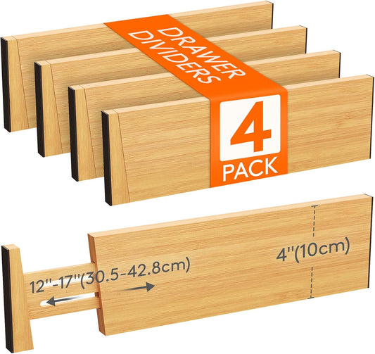 Lifewit 4 Pack Drawer Dividers Bamboo 4" High, 12-17" Adjustable Drawer Organizers for Clothes, Expandable Dresser Separators in Bedroom/Bathroom/Kitchen/Fridge/Office Organization and Storage