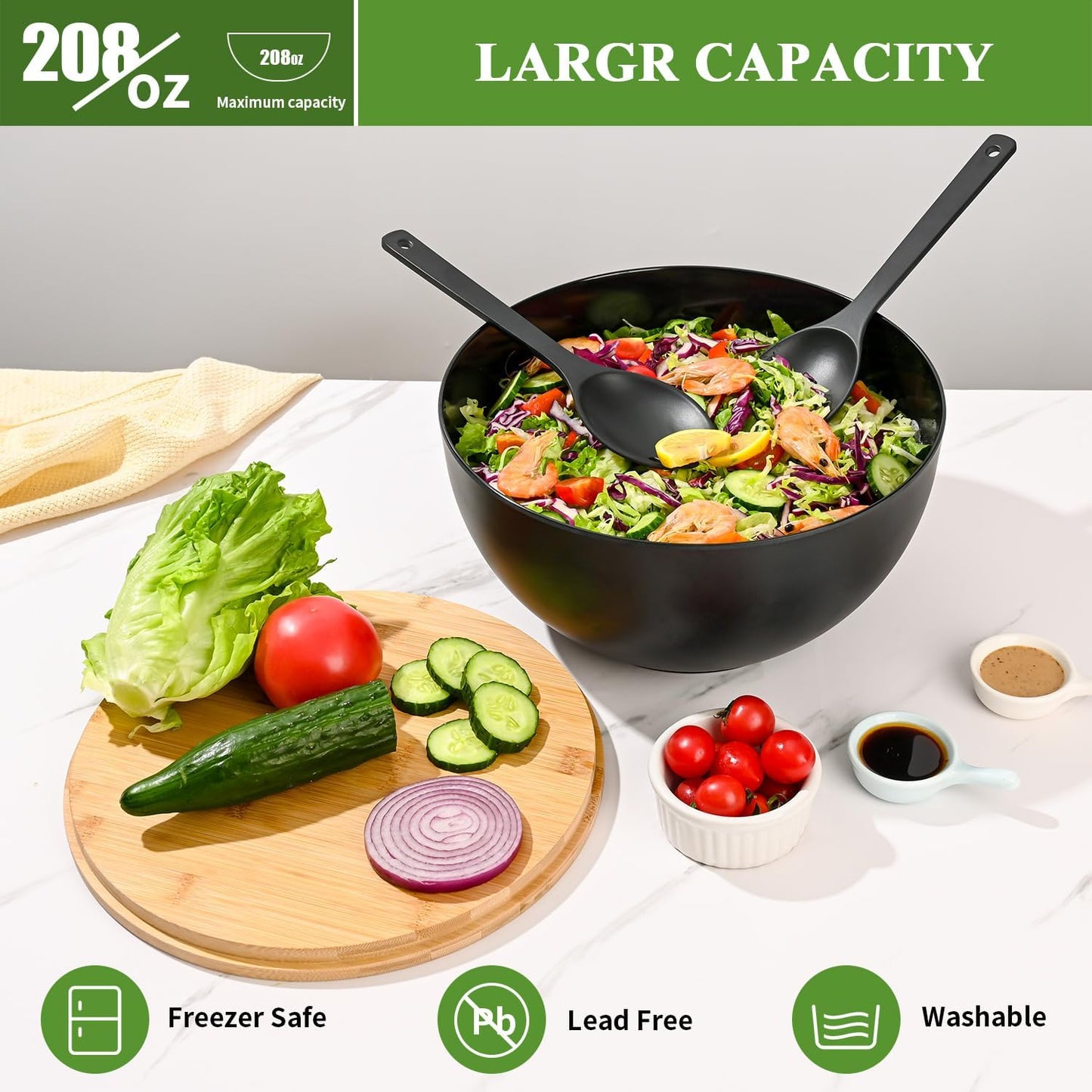 Salad Bowl with Lid, 12" Extra Large Bamboo Fiber Salad Bowl with Servers Set for Kitchen, Nature Bamboo Mixing and Serving Bowl with Lid, Spoon and Fork for Fruits,Salads and Vegetables