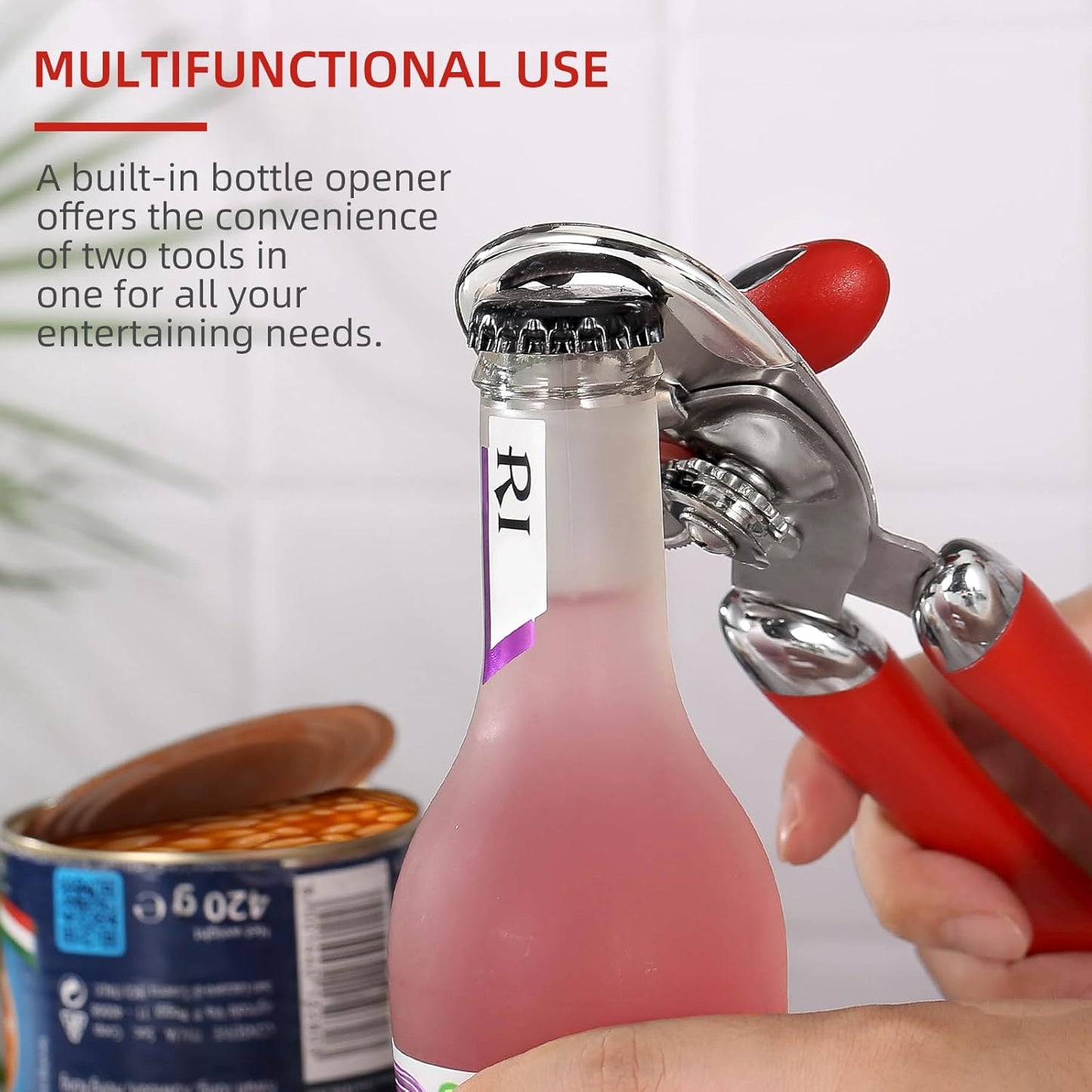 Multi-function Manual Can Opener Bottle Opener, Oversized Hand-held Easy Rotary Knob, Safe Cut Can Opener with Non-Slip Handle, Smoother Cut Sharp Blade for Seniors Kitchen Tool, Red