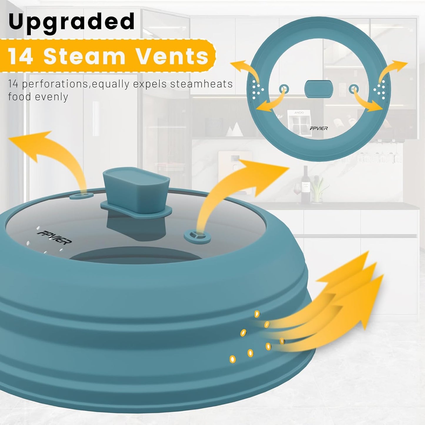 Microwave Splatter Cover, Vented Silicone and Glass Cover Splatter Guard Lid, Food Collapsible Plate Cover Lid with Easy Grip Handle. (Blue, 9 inch)