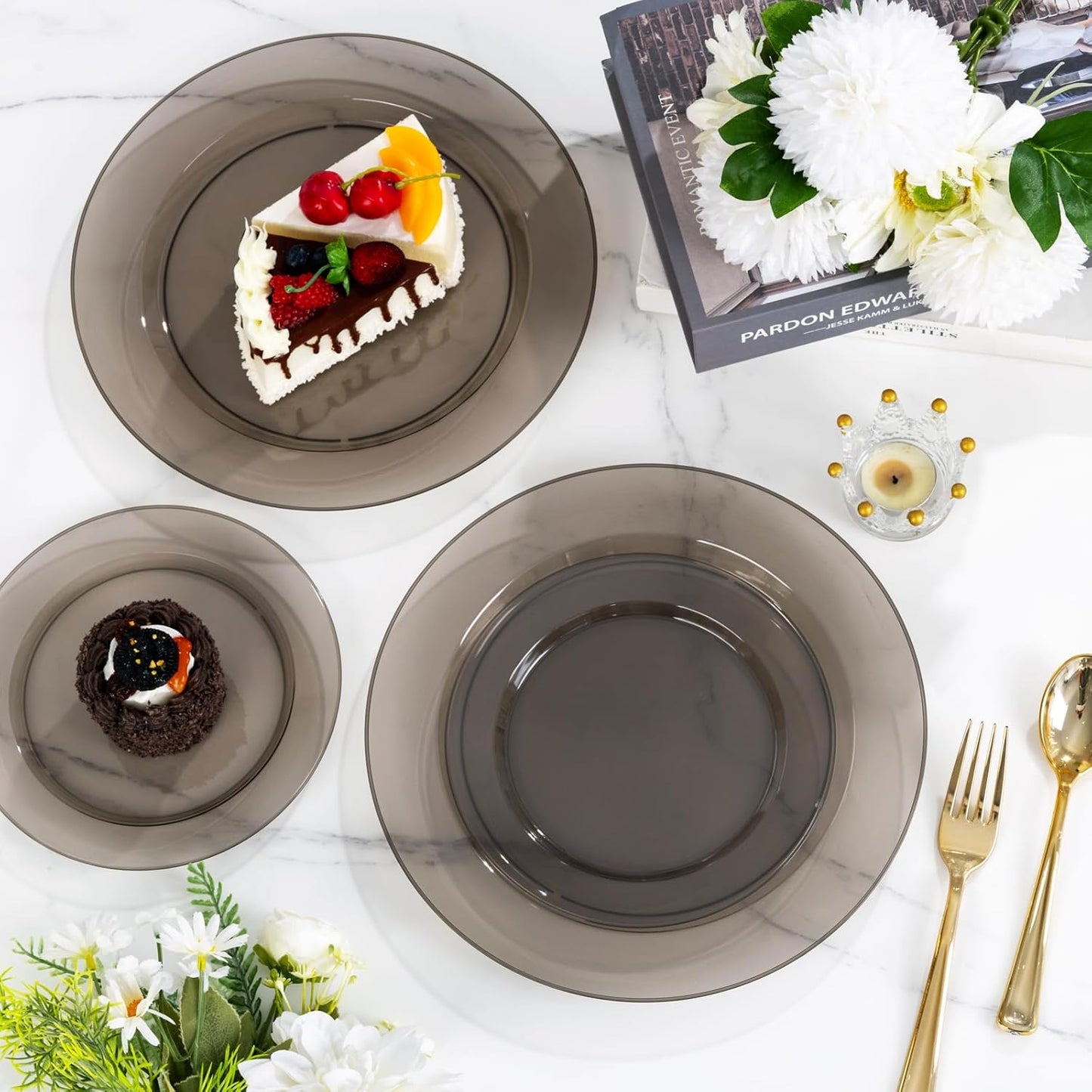 I00000 102 Pcs Clear Black Plastic Plates, Black Disposable Party Plates Include 51 Dinner Plate 10’’ and 51 Dessert Plate 7’’ Perfect for Birthday, Party & Wedding
