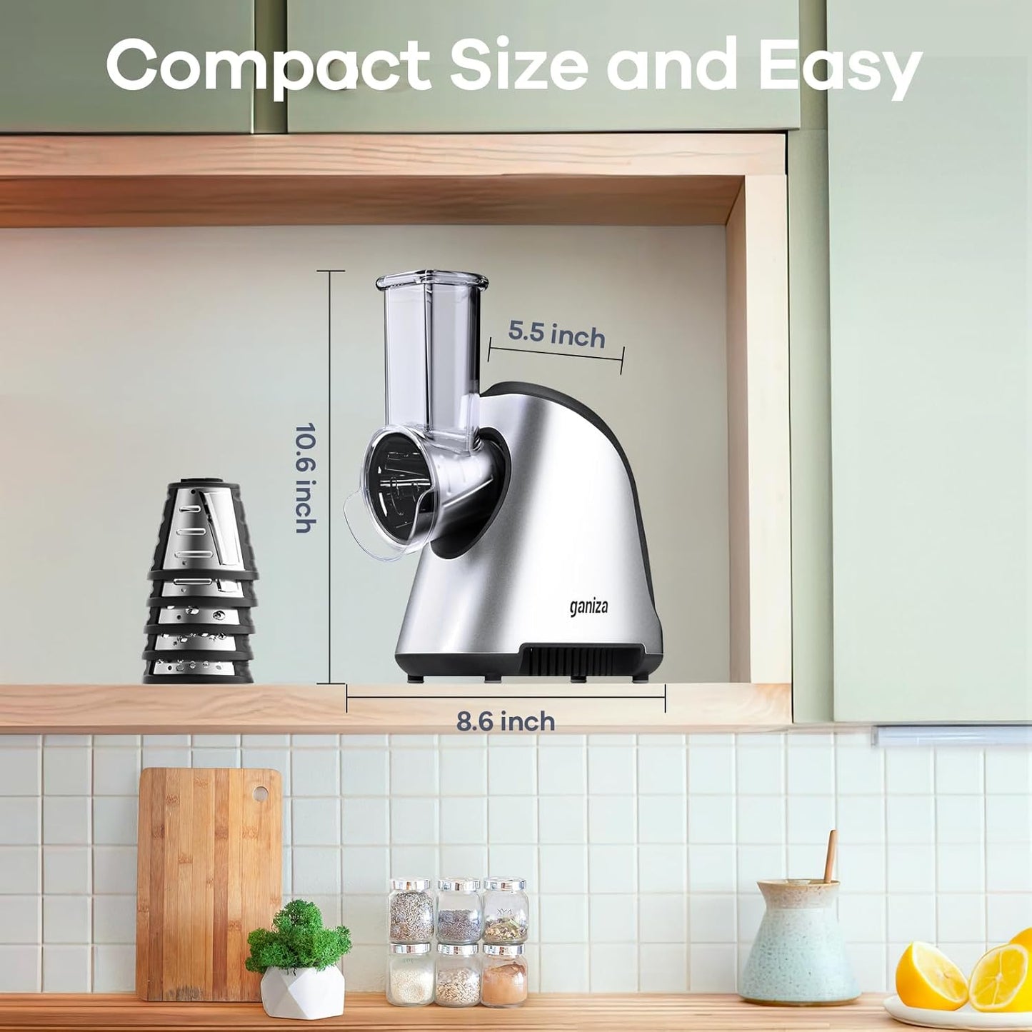 Ganiza 5-in-1 Electric Cheese Grater for Kitchen, Max 250W Cheese Shredder, 5 Changeable Blades Salad Shooter, Slicer Electric for Cheese/Veggies/Salad with an Extra Zester grater