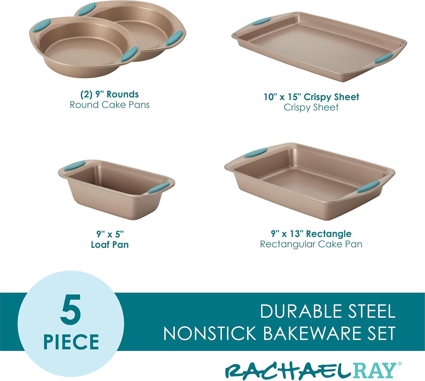 Rachael Ray Cucina Bakeware Set Includes Nonstick Bread Baking Cookie Sheet and Cake Pans, 5 Piece, Latte Brown with Agave Blue Grips