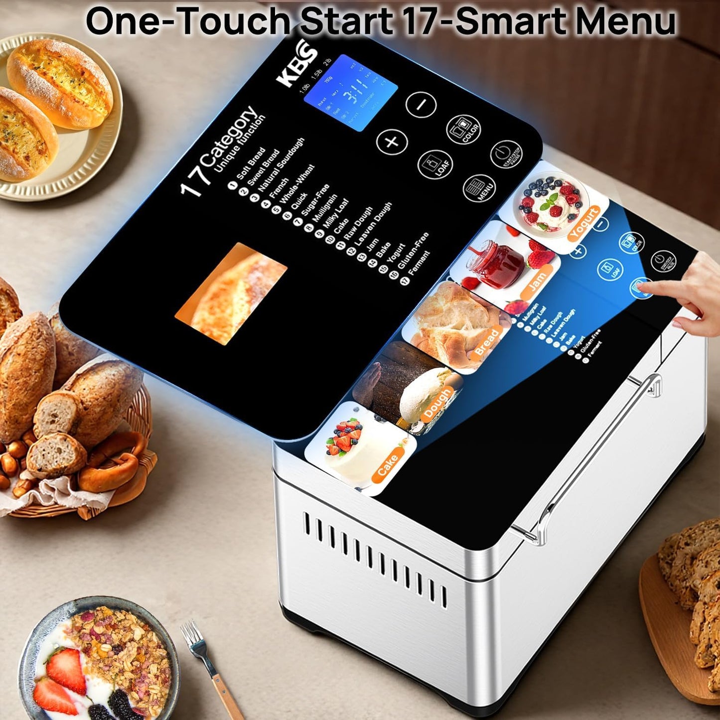 KBS Pro Stainless Steel Bread Machine, 2LB 17-in-1 Programmable XL Bread Maker with Fruit Nut Dispenser, Nonstick Ceramic Pan& Digital Touch Panel, 3 Loaf Sizes 3 Crust Colors, Reserve& Keep Warm Set