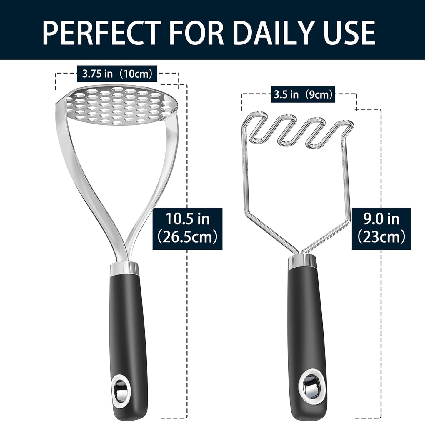 18/0 Stainless Steel Potato Mashers, 10.3-inch, Non-slip Handle, Kitchen Tool for Avocado Vegetable Sauce Butter Pumpkin Puree Bean, Dishwasher Safe, Pack of 2