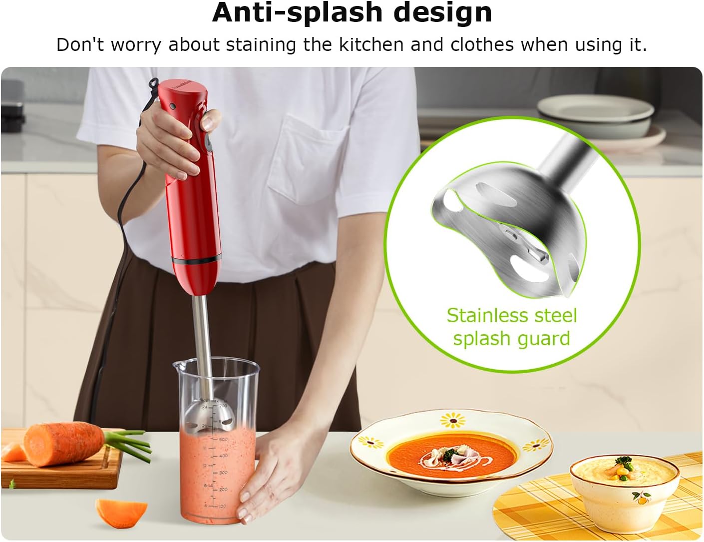 Bonsenkitchen Hand Blender, Immersion Blender with 2 Mixing Speed, Portable Electric Handheld Stick Mixer with Stainless Steel Blades for Soup, Smoothie, Puree, Baby Food, Red