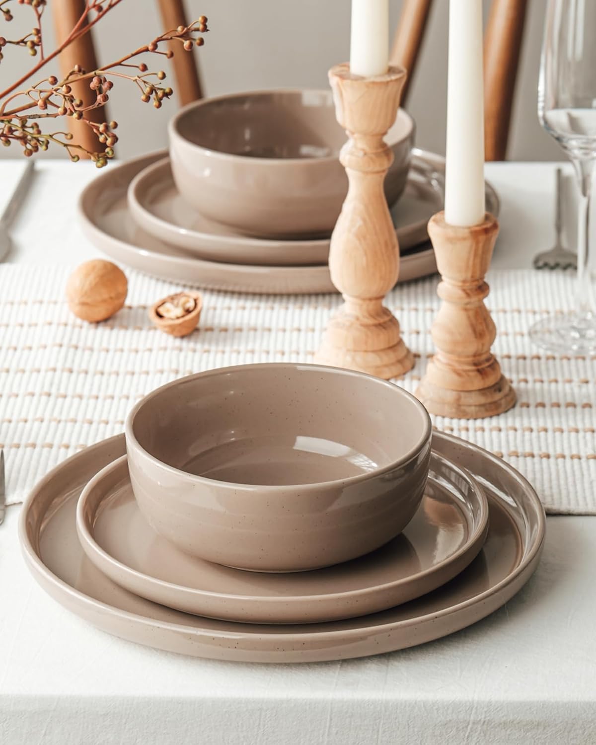 Famiware Milkyway Plates and Bowls Set, 12 Pieces Dinnerware Sets, Dishes Set for 4, Cinnamon Brown