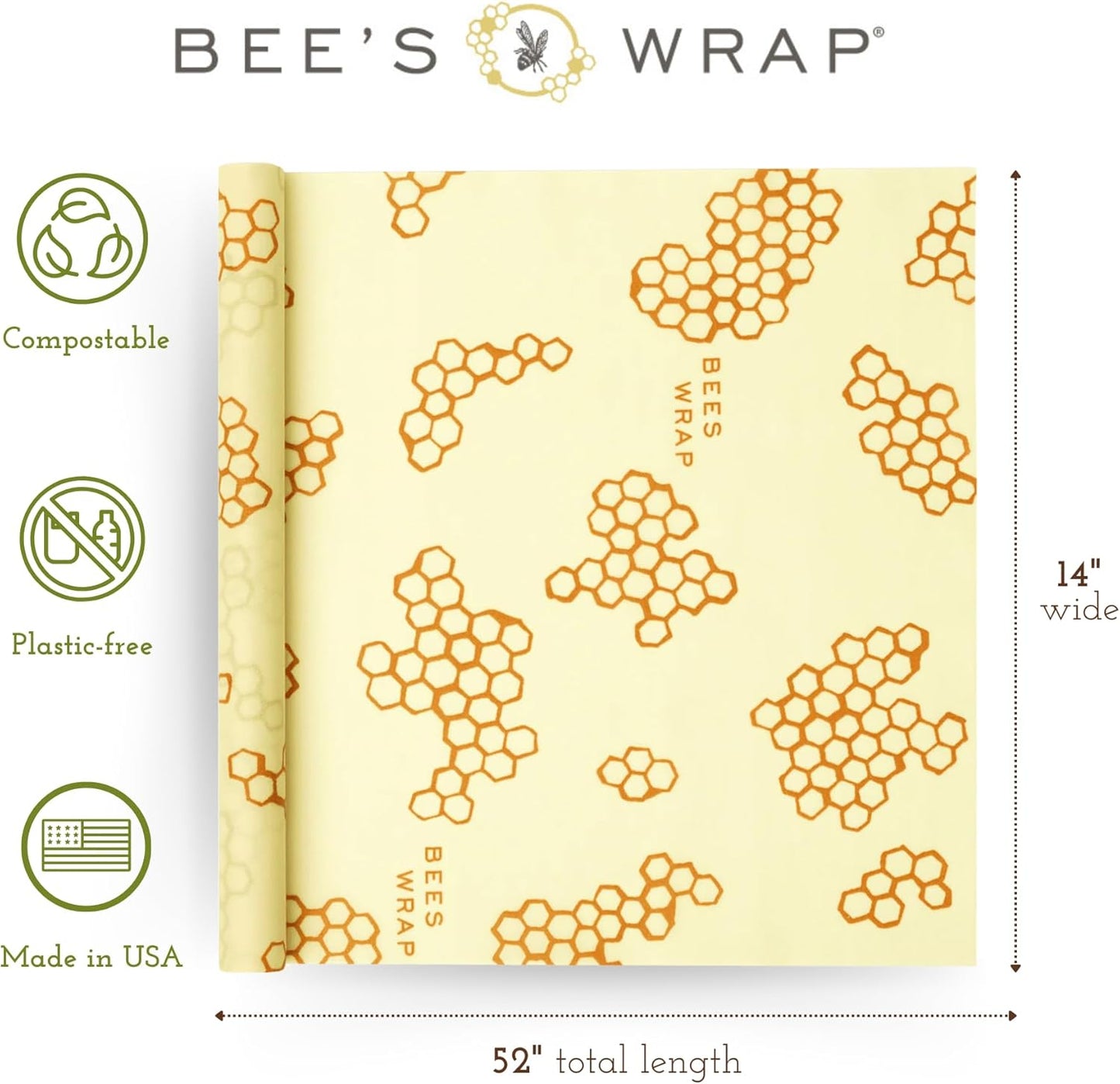 Bee's Wrap Beeswax Wraps for Food - Honeycomb Cut to Size 14x52" Wax Paper Roll - Made in USA Reusable Waxed Paper & Bowl Covers - Organic & Eco-Friendly Alternative to Aluminum Foil & Plastic Wrap