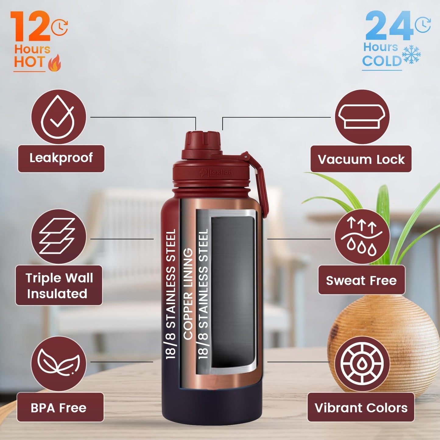 Lexlion 32 Oz Triple Walled Insulated Stainless Steel Fruit Infuser Water Bottle, 100% Leakproof, 3 Lids, Infuser, Silicone Sleeve, Metal Mug Gallon