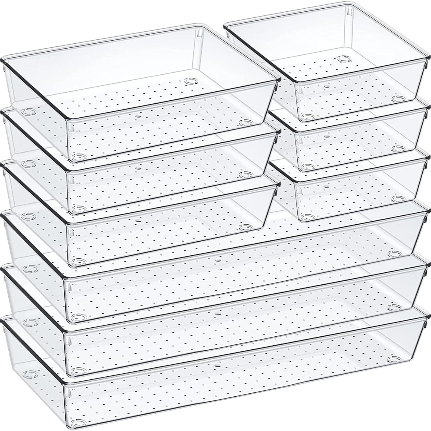 9 Pack Clear Plastic Drawer Organizer Set, Acrylic Non Slip Non Cracking Kitchen Drawer Storage Tray Large Size Divider, Multifunctional Storage for Cosmetics, Bathroom, Tools, Kitchen and Office