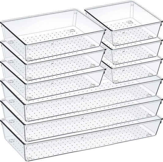 9 Pack Clear Plastic Drawer Organizer Set, Acrylic Non Slip Non Cracking Kitchen Drawer Storage Tray Large Size Divider, Multifunctional Storage for Cosmetics, Bathroom, Tools, Kitchen and Office