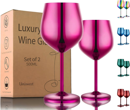 Stainless Steel Wine Glasses Set of 2, 18 oz Unbreakable Purple Wine Glass Unique Metal Wine Goblets for Outdoor Capming and Pool Gift for Wine Lovers