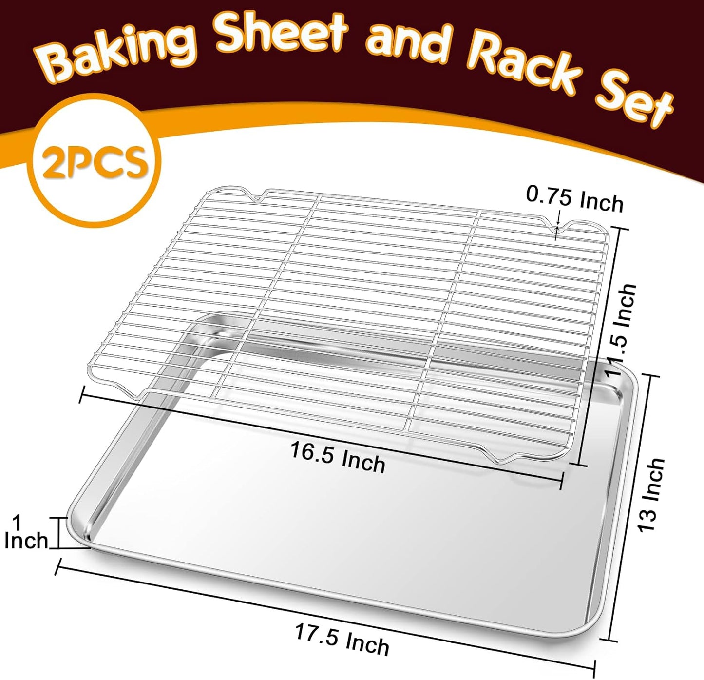 P&P CHEF 17.5 Inch Baking Sheet Pan with Rack Set, Stainless Steel Cookie Sheet Pan Tray with Cooling Rack for Oven Use, Cooking Roasting, Non Toxic & Dishwasher Safe, Heavy Duty