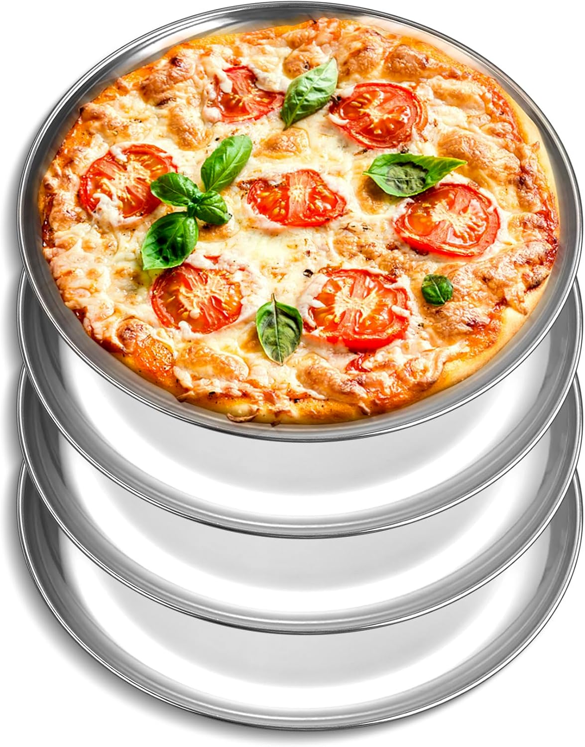 P&P CHEF 10 Inch Pizza Pan, Stainless Steel Round Pizza Tray Baking Pans, Pizzas Plate Serving Tray for Cookie Meat, Oven & Dishwasher Safe & Easy Cleaning, (Mirror Finish) - 4 Pieces