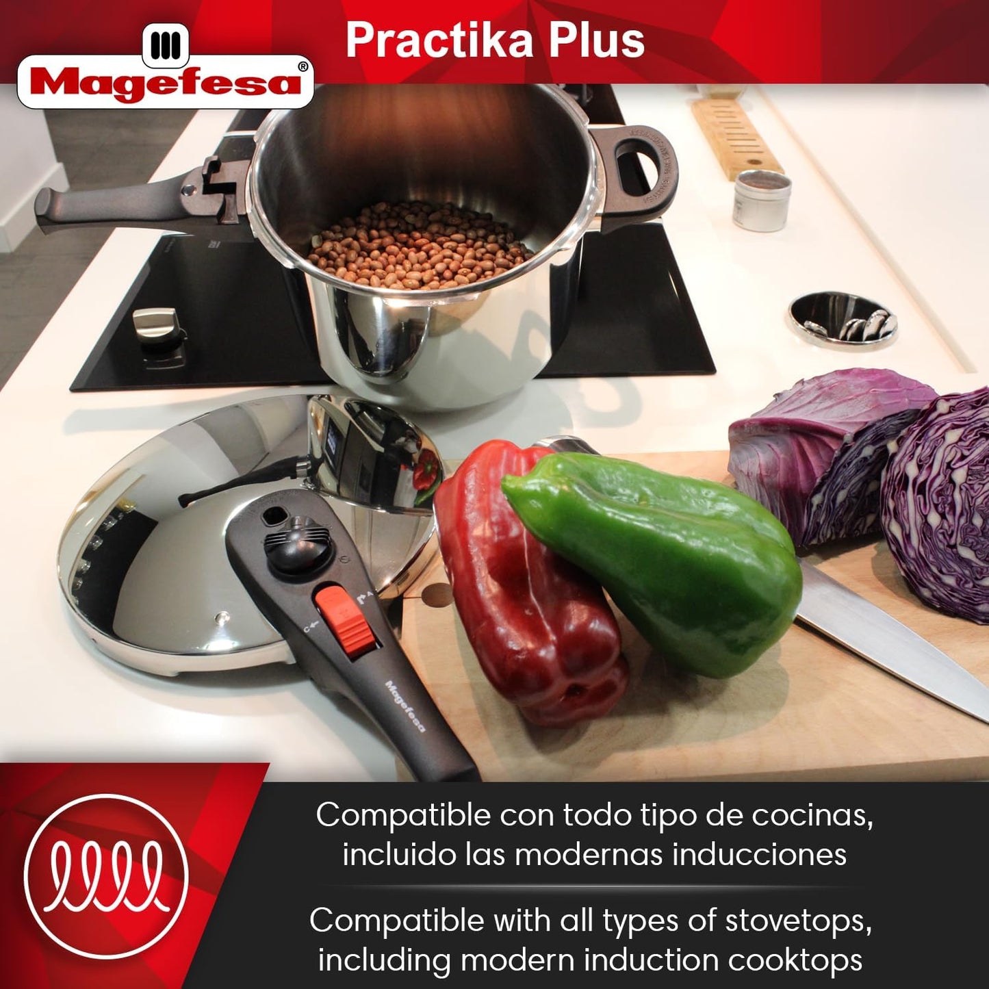 Magefesa Practika Plus Pressure Cooker, 4.2 & 6.3 Quart, 18/10 Stainless Steel, Induction-Compatible, Superior Heat Distribution, Encapsulated Diffuser Bottom, 5 Safety Systems