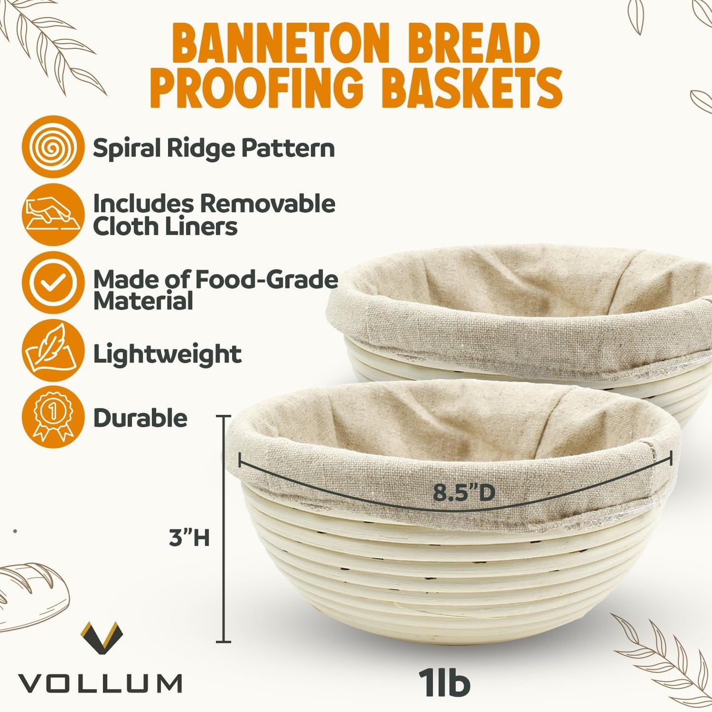 Banneton Bread Proofing Basket Sourdough Proofing Basket for Beginners & Professional Bakers, Handwoven Rattan Cane Bread Maker with Linen for Artisan Breads, 8.5 x 3 In, 1-Lb Round - Set of 2