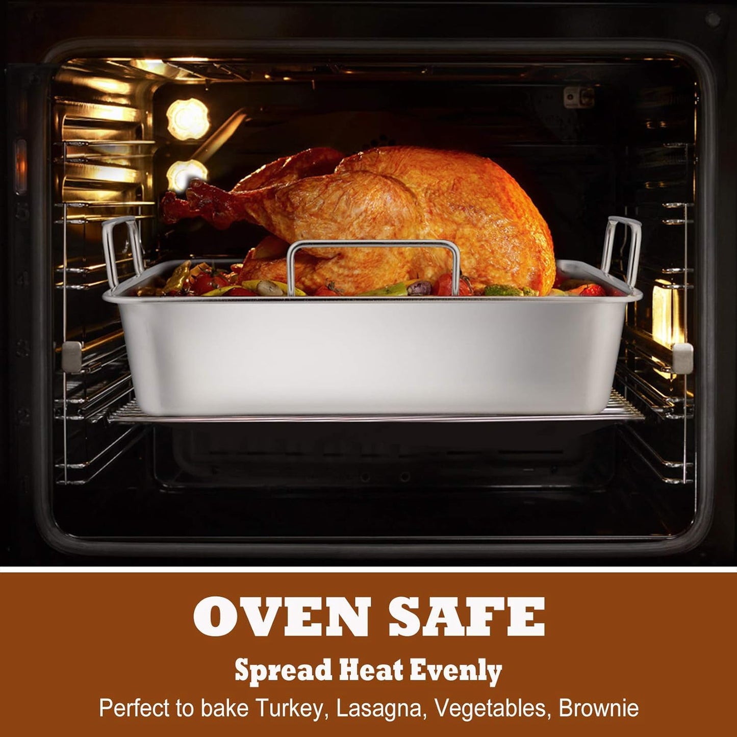 P&P CHEF 14" Roaster Roasting Pan with Baking Rack and V-shaped Rack, Stainless Steel Rectangular Lasagna Pan with Handles for Turkey Chicken, Healthy & Dishwasher Safe, 3 Pieces, Silver