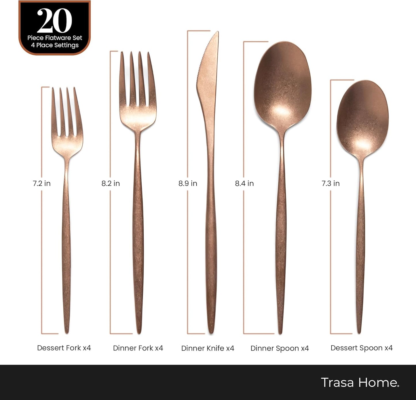 Luxury Vintage Flatware 20-Piece Set – Service for 4, Premium Stainless Steel with Weighted Handles, Aged Heirloom Finish, Dishwasher Safe, Elegant and Modern Cutlery (Vintage Copper)