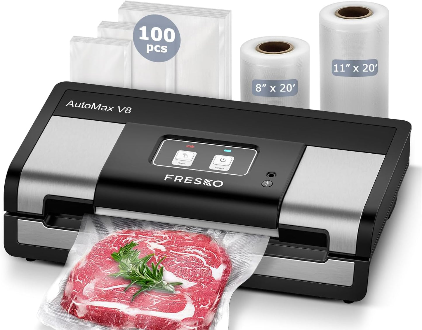Fully Automatic Vacuum Sealer, 95Kpa Powerful Food Vacuum Sealer Machine, Auto Dry-Wet Detection | Bag Cutter | 2 Rolls Bags & 100 Pcs Precut Bags | Effortless Operation, Silver - Black