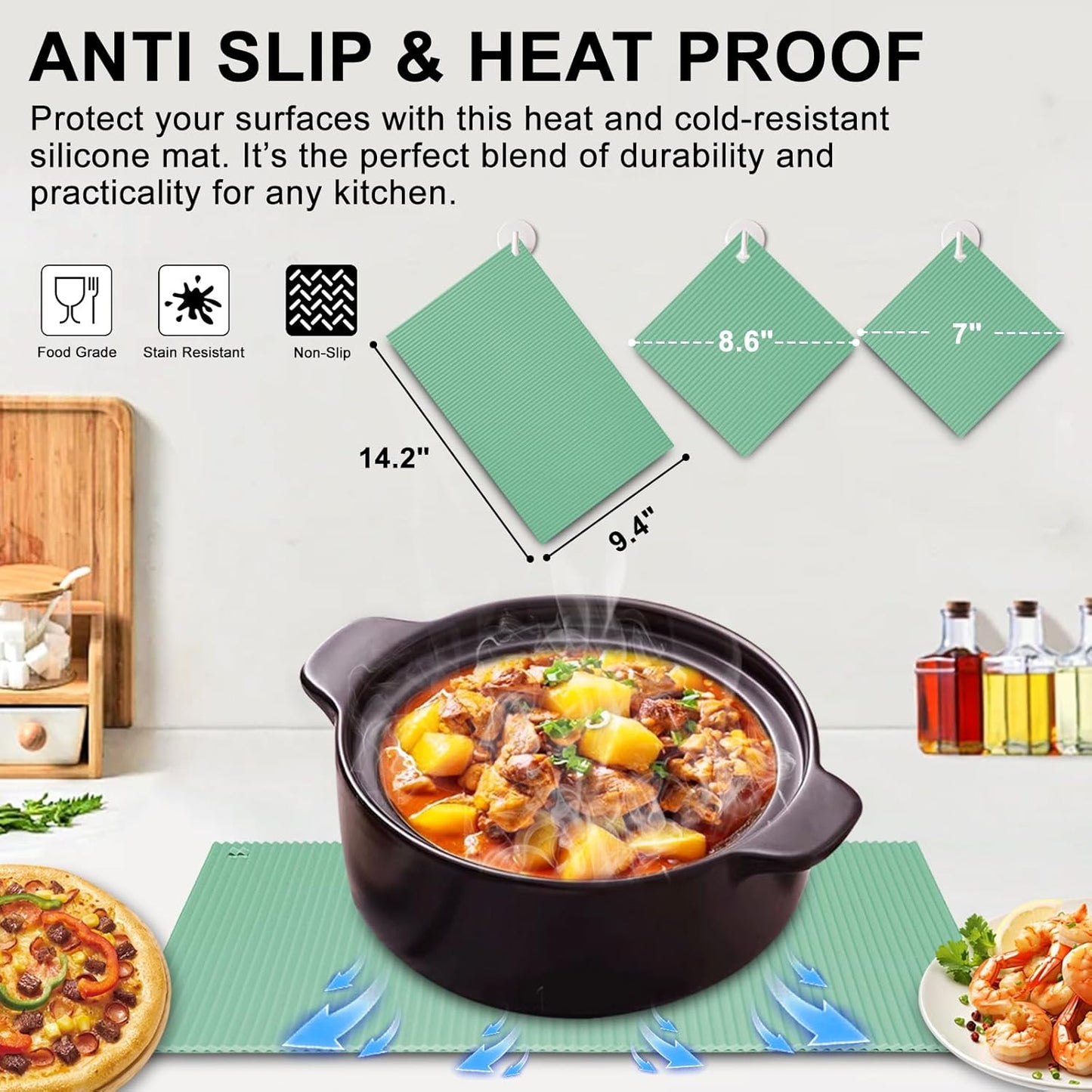 2 Pack 9.5"x14.2" Trivets for Hot Dishes, Hot Pads for Kitchen, Silicone Trivets for Hot Pots and Pans, Hot Plates to Protect Table, Heat Resistant Silicone Trivet Grey (Pea Green, 9.5"x14.2")