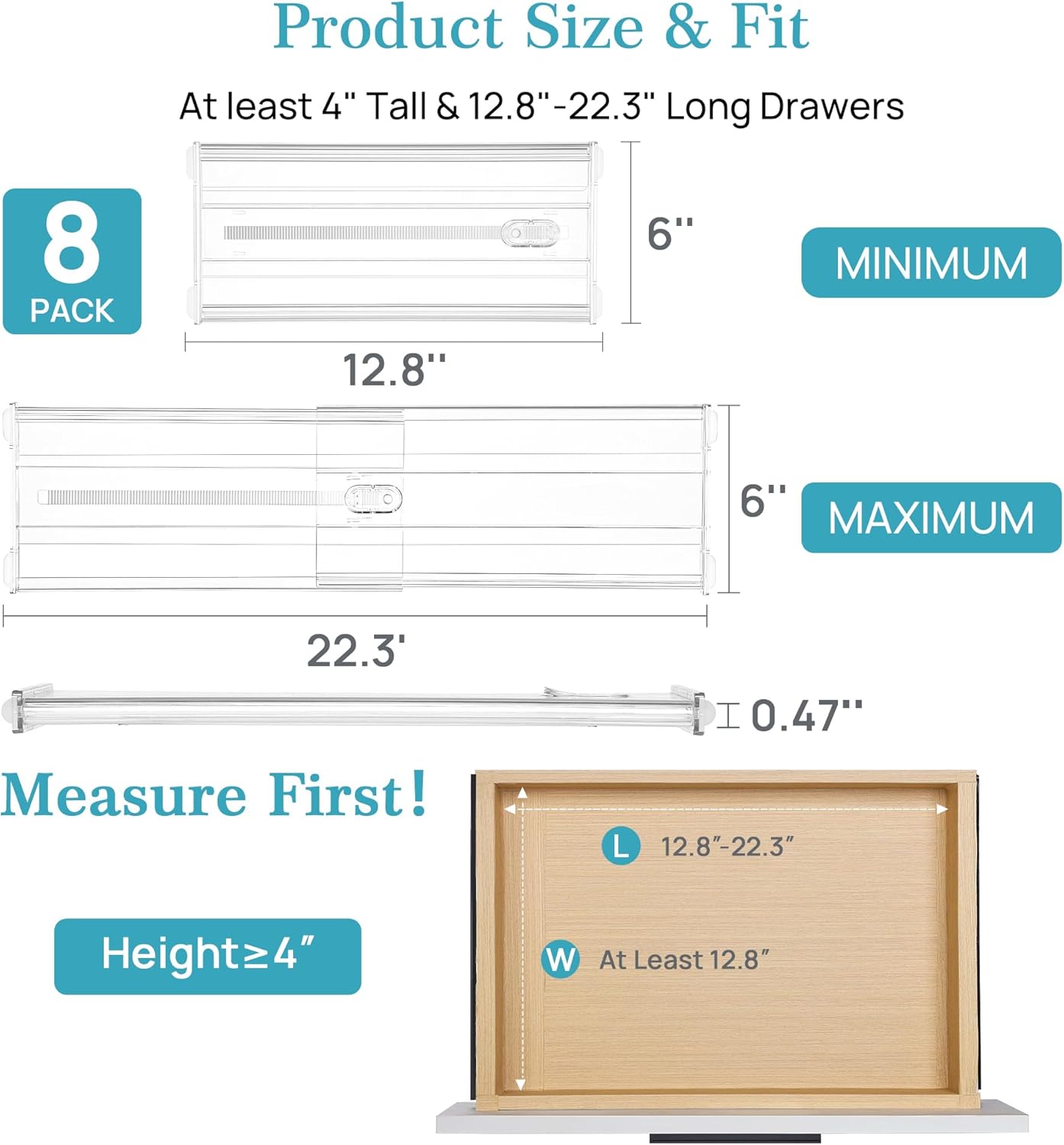 Vtopmart 8 Pack 6" Tall Upgrade Drawer Dividers for Big and Deep Drawer, 12.8"-22.3" Adjustable Expandable Dresser Drawer Organizer, Clear Plastic Separators for Dresser, Baby Supplies, Kitchenware