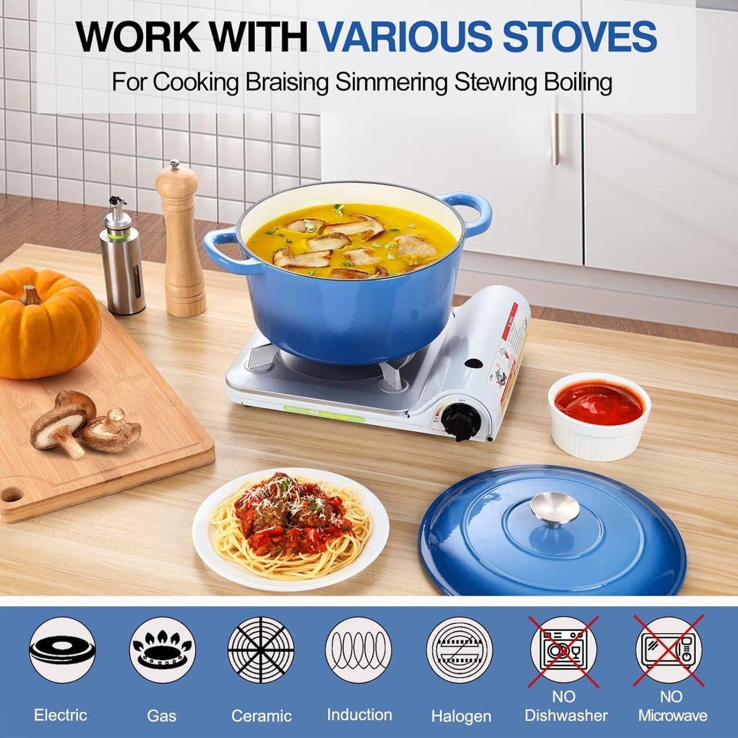 P&P CHEF 6QT Enameled Dutch Oven, Cast Iron Dutch Oven Pot with Lid for Bread Baking, Enameled Casserole Pot for Roasting Braising Stewing Frying Simmering, Various Stoves & Easy Clean, Blue