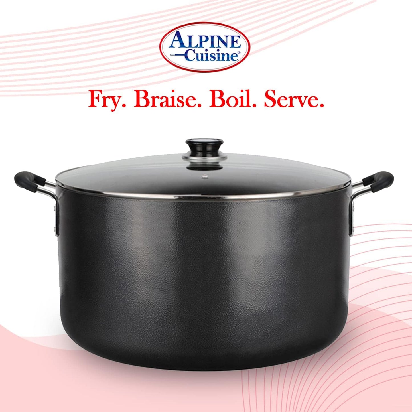 Alpine Cuisine 38 Quart Non-stick Stock Pot with Tempered Glass Lid and Carrying Handles, Multi-Purpose Cookware Aluminum Dutch Oven for Braising, Boiling, Stewing