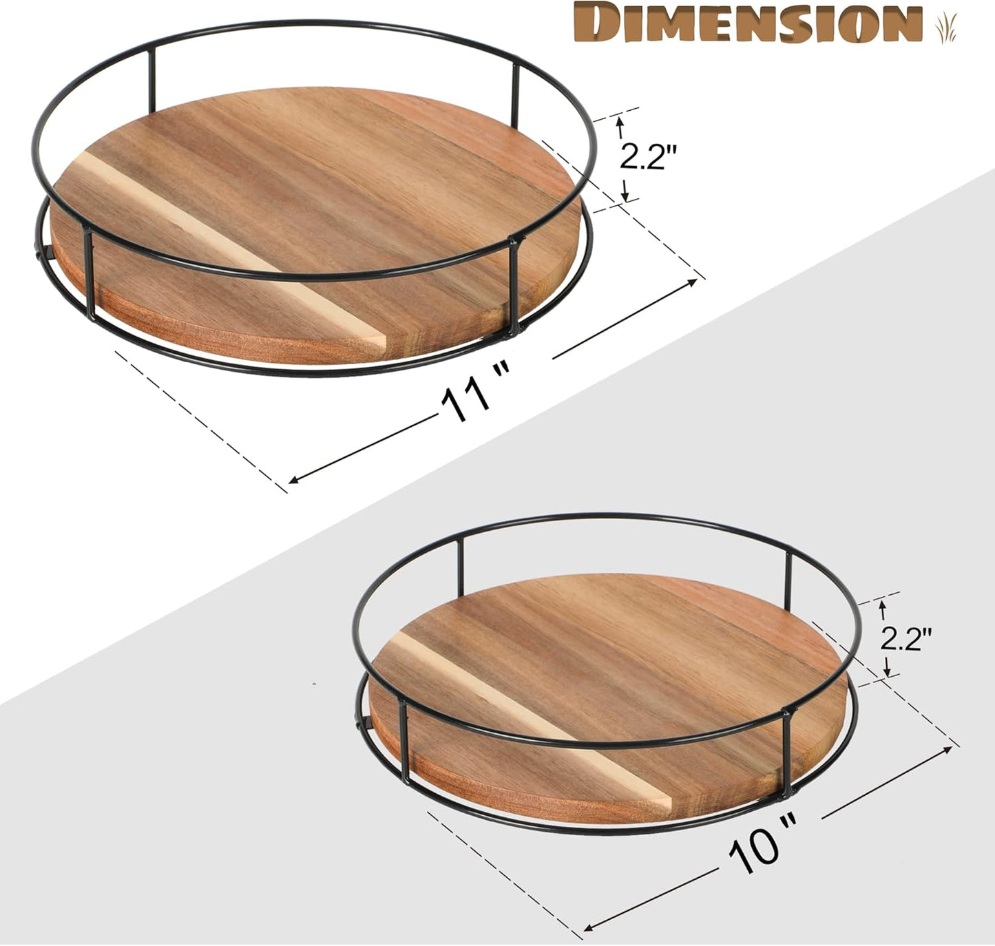 [ 2 Pack ] 10" & 11" Acacia Wood Lazy Susan Organizers with Steel Sides, Lazy Susan Turntable for Cabinet, Kitchen Turntable Storage for Table, Countertop, Pantry
