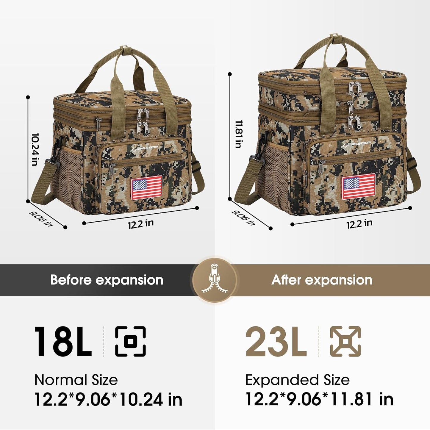 Maelstrom Tactical Lunch Box for Men, 23L Insulated Lunch Bag, Expandable Double Deck Cooler Bag, Lightweight Leakproof Tote Bag With Side Tissue Pocket, Suit For Men and Women, Camouflage