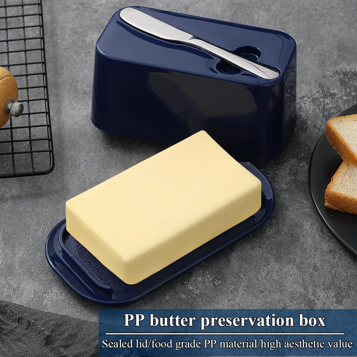 Evanda Butter Dish with Lid for Countertop and Refrigerator Door Shelf with Butter Spreader Knife, Butter Keeper, Plastic Butter Holder Tray Container for West/East Coast Butter