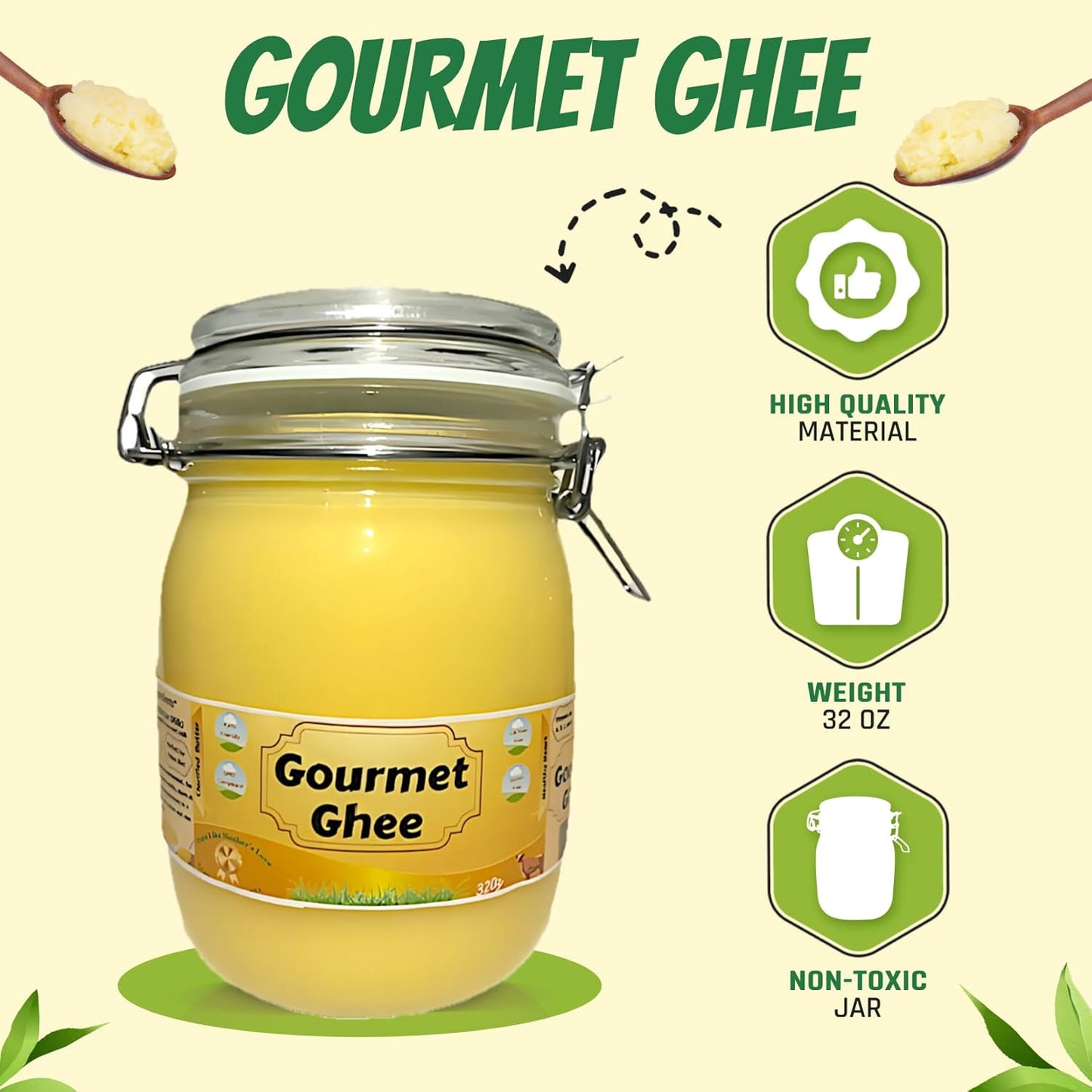 Premium Gourmet Clarified Butter - Natural & Pure Grass-Fed Ghee for Energy, Gut, and Immune Health Support - Versatile Healthy Cooking for Spreading, Baking & Sauteing 2lbs (32 Oz) (2PACK - Natural Ghee)