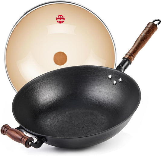 WANGYUANJI Cast Iron Wok,13.4 inch Flat Bottom Wok with Glass Lid,Suitable for All Cooktops, Uncoated Craft Pot Healthy Cooking Pot