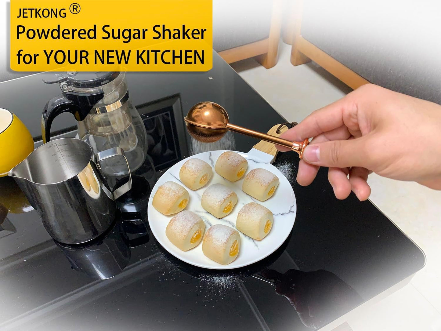 JETKONG Baker's Dusting Wand for Sugar, Flour and Spices, Stainless Steel Powdered Sugar Shaker Duster Sifter, Set of 2 (Brown)