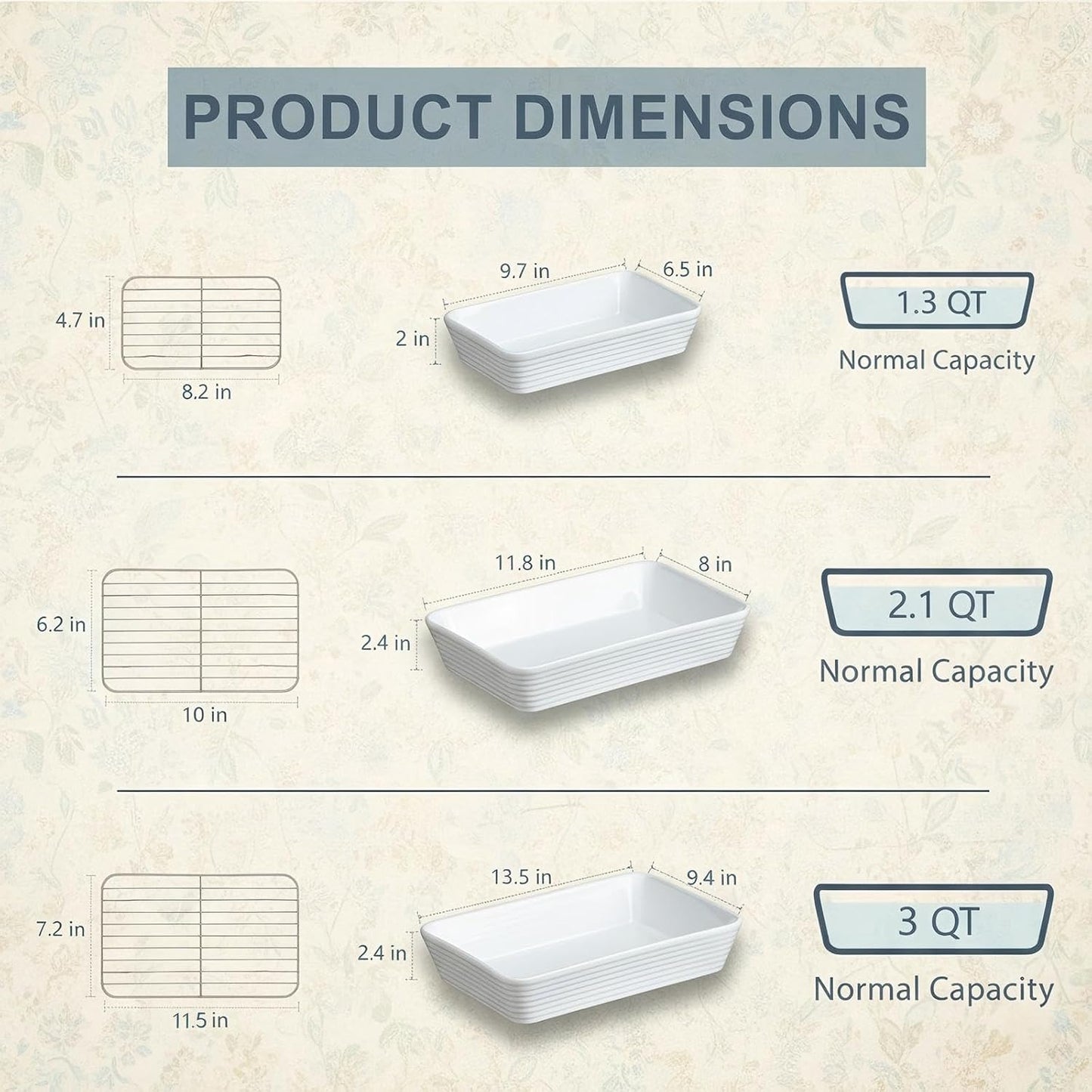 ONEMORE Casserole Dishes for Oven, Ceramic Baking Dish Set of 3 with Roasting Racks Rectangular Large Deep Lasagna Pan without Handles Porcelain Baking Pan with Rack for Oven Cooking (3QT/2.1QT/1.3QT)