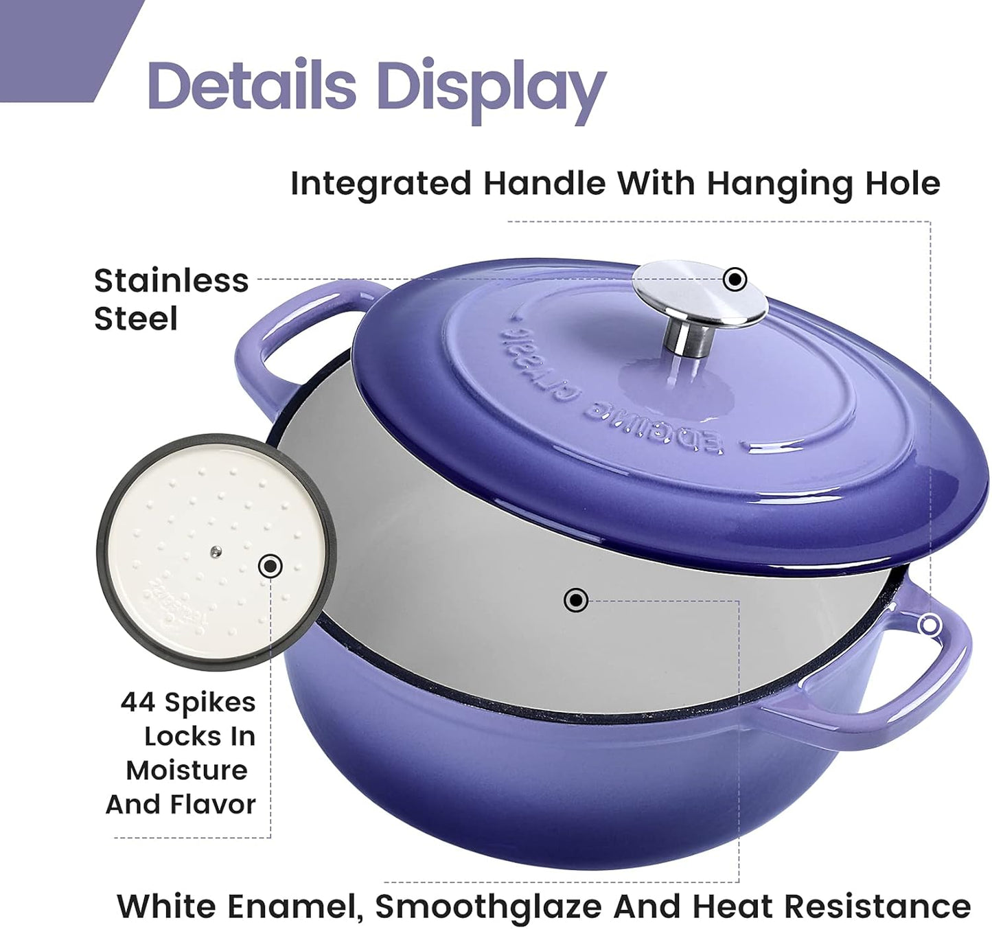 Enameled Cast Iron Duch Oven, 5.5 Quart Round Dutch Ovens Pot with Lid, Dual Handle for Bread Baking, Purple