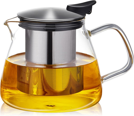 Glass Teapot Tea Pot with Removable Stainless Steel Infuser, 25oz / 760ml Borosilicate Glass Tea Kettle for Office Work, Fine Strainer for Loose Leaf Tea