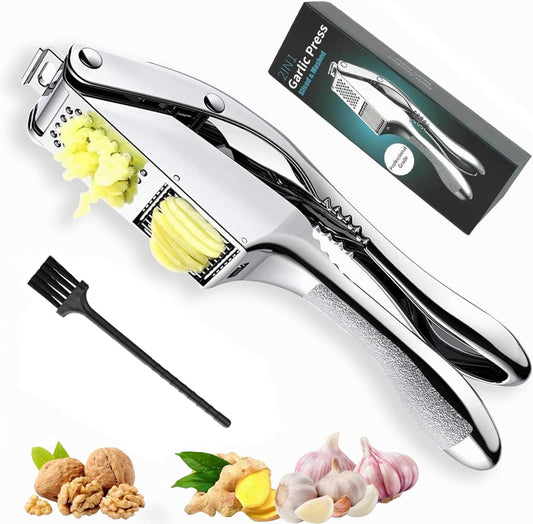 Garlic Press and Slicer 2 in 1, Rust Proof & Dishwasher Safe Professional Garlic Mincer Tool, Effortlessly Crush and Mince Garlic with this Ergonomic Handle-Garlic Peeler & Brush ANCQMI(Silver)