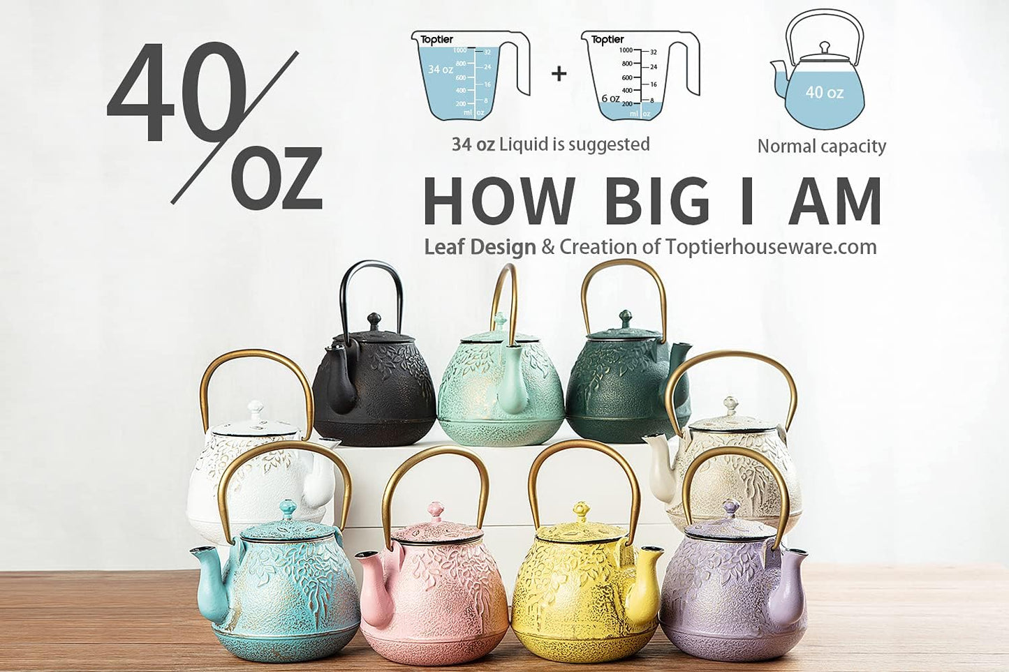 Tea Kettle, TOPTIER Japanese Cast Iron Teapot with Infuser, Leaf Design Cast Iron Tea Pot Stovetop Safe Coated with Enameled Interior for 40 Ounce (1200 ml), Dark Green