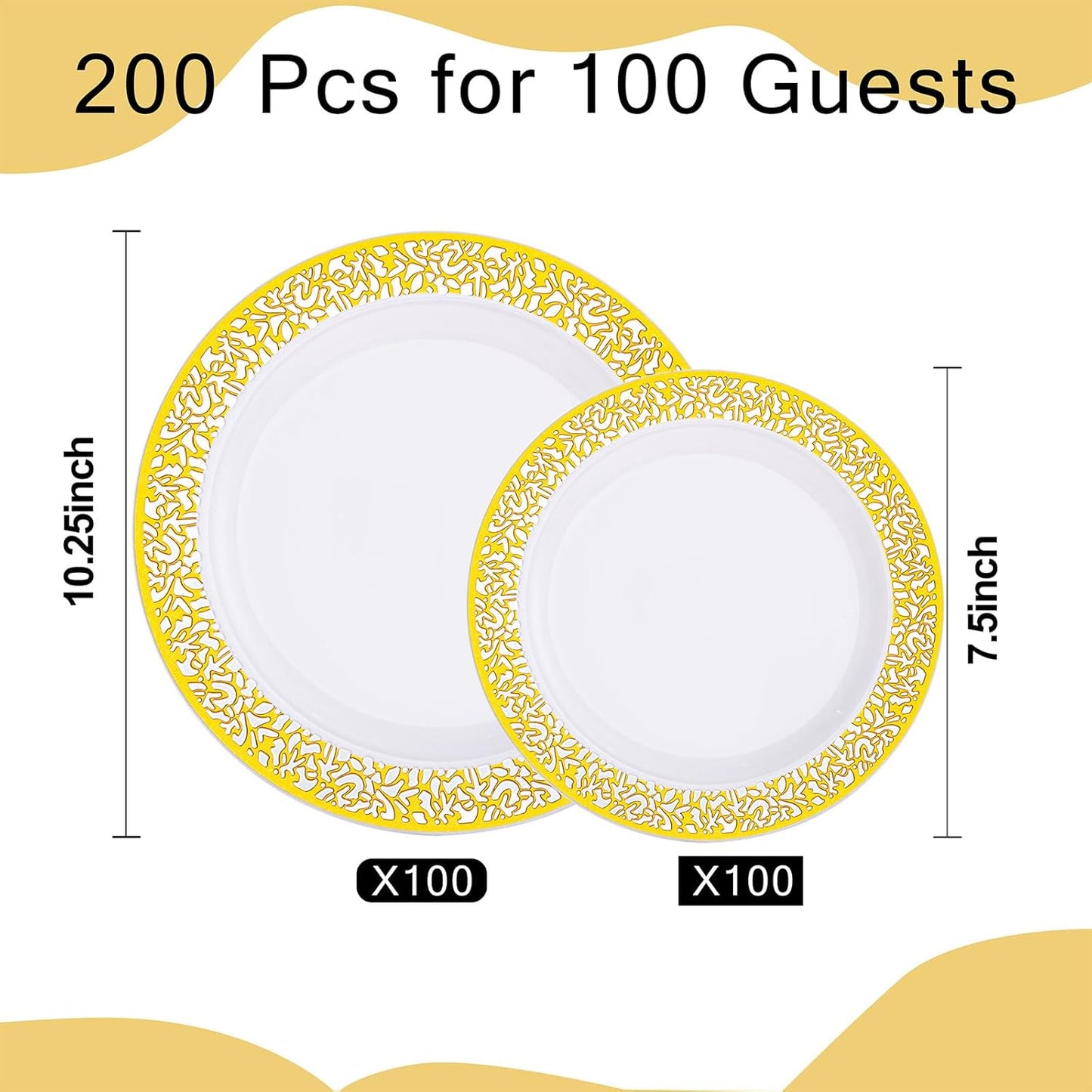I00000 200 Pieces White and Gold Plastic Plates, Disposable Plastic Plates for 100 Guests Include: 100 Pcs Dinner Plate 10.25” and 100 Pcs Dessert Plate 7.5” with Gold Lace Rim Perfect for Party