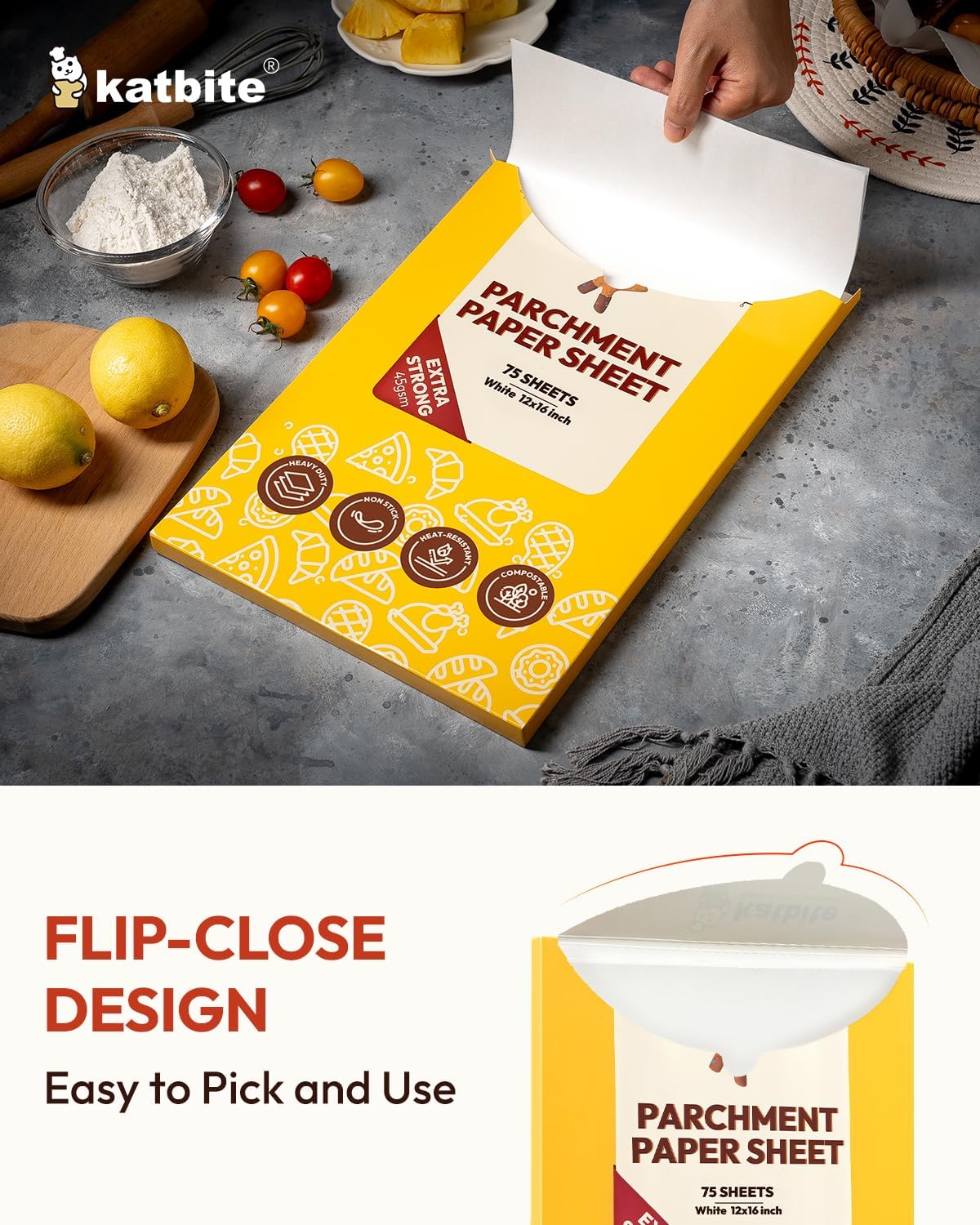 Katbite 75Pcs White Parchment Paper Sheets 12x16IN, Pre-Cut Heavy Duty Parchment Baking Paper, Non-Stick Half Sheet White Baking Parchment Paper for Air Fryer, Baking Cookie Pans[Advanced Series]